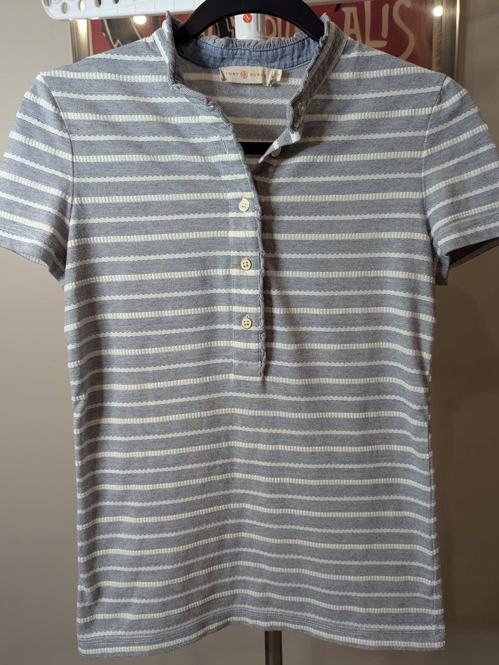 $35 Tory Burch Size XS Ruffled Knit Striped Henley Blue White Short Sleeve